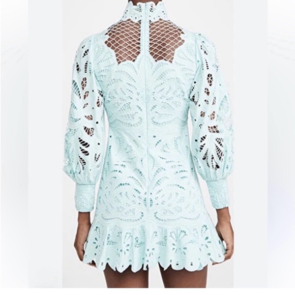 Alice + Olivia Light Blue Eyelet Mini Dress with Puff Sleeves - Picture 2 of 4